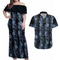 Purple Paradise Hawaii Shell Lei Couples Matching Off Shoulder Maxi Dress and Hawaiian Shirt Hawaiian Sunrise Shell Hebrew Cone Plumeria LT14 Purple - Polynesian Pride