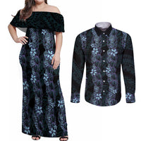 Purple Paradise Hawaii Shell Lei Couples Matching Off Shoulder Maxi Dress and Long Sleeve Button Shirt Hawaiian Sunrise Shell Hebrew Cone Plumeria LT14 Purple - Polynesian Pride