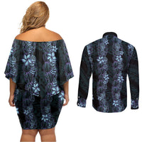 Purple Paradise Hawaii Shell Lei Couples Matching Off Shoulder Short Dress and Long Sleeve Button Shirt Hawaiian Sunrise Shell Hebrew Cone Plumeria LT14 - Polynesian Pride