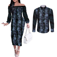Purple Paradise Hawaii Shell Lei Couples Matching Off The Shoulder Long Sleeve Dress and Long Sleeve Button Shirt Hawaiian Sunrise Shell Hebrew Cone Plumeria LT14 Purple - Polynesian Pride