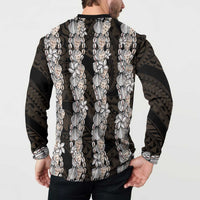 Black and Beige Hawaii Shell Lei Button Sweatshirt Hawaiian Sunrise Shell Hebrew Cone Plumeria - Polynesian Pride