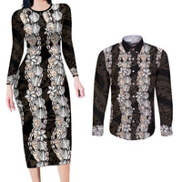 Black and Beige Hawaii Shell Lei Couples Matching Long Sleeve Bodycon Dress and Long Sleeve Button Shirt Hawaiian Sunrise Shell Hebrew Cone Plumeria LT14 Black - Polynesian Pride