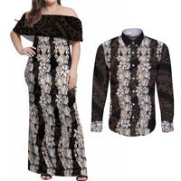 Black and Beige Hawaii Shell Lei Couples Matching Off Shoulder Maxi Dress and Long Sleeve Button Shirt Hawaiian Sunrise Shell Hebrew Cone Plumeria LT14 Black - Polynesian Pride