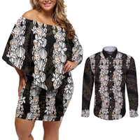 Black and Beige Hawaii Shell Lei Couples Matching Off Shoulder Short Dress and Long Sleeve Button Shirt Hawaiian Sunrise Shell Hebrew Cone Plumeria LT14 Black - Polynesian Pride