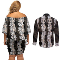 Black and Beige Hawaii Shell Lei Couples Matching Off Shoulder Short Dress and Long Sleeve Button Shirt Hawaiian Sunrise Shell Hebrew Cone Plumeria LT14 - Polynesian Pride