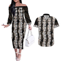 Black and Beige Hawaii Shell Lei Couples Matching Off The Shoulder Long Sleeve Dress and Hawaiian Shirt Hawaiian Sunrise Shell Hebrew Cone Plumeria LT14 Black - Polynesian Pride