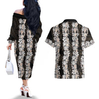 Black and Beige Hawaii Shell Lei Couples Matching Off The Shoulder Long Sleeve Dress and Hawaiian Shirt Hawaiian Sunrise Shell Hebrew Cone Plumeria LT14 - Polynesian Pride