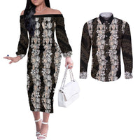 Black and Beige Hawaii Shell Lei Couples Matching Off The Shoulder Long Sleeve Dress and Long Sleeve Button Shirt Hawaiian Sunrise Shell Hebrew Cone Plumeria LT14 Black - Polynesian Pride