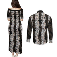 Black and Beige Hawaii Shell Lei Couples Matching Puletasi and Long Sleeve Button Shirt Hawaiian Sunrise Shell Hebrew Cone Plumeria - Polynesian Pride