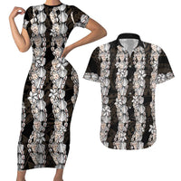 Black and Beige Hawaii Shell Lei Couples Matching Short Sleeve Bodycon Dress and Hawaiian Shirt Hawaiian Sunrise Shell Hebrew Cone Plumeria LT14 Black - Polynesian Pride
