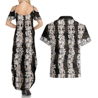 Black and Beige Hawaii Shell Lei Couples Matching Summer Maxi Dress and Hawaiian Shirt Hawaiian Sunrise Shell Hebrew Cone Plumeria LT14 - Polynesian Pride