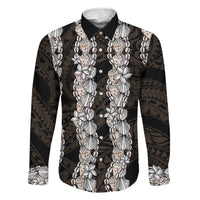 Black and Beige Hawaii Shell Lei Family Matching Mermaid Dress and Hawaiian Shirt Hawaiian Sunrise Shell Hebrew Cone Plumeria LT14 Dad's Shirt - Long Sleeve Black - Polynesian Pride
