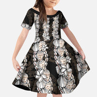 Black and Beige Hawaii Shell Lei Family Matching Summer Maxi Dress and Hawaiian Shirt Hawaiian Sunrise Shell Hebrew Cone Plumeria LT14 Daughter's Dress Black - Polynesian Pride