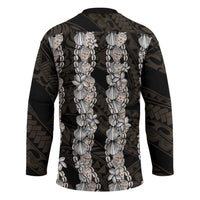 Black and Beige Hawaii Shell Lei Hockey Jersey Hawaiian Sunrise Shell Hebrew Cone Plumeria - Polynesian Pride