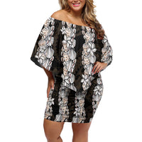 Black and Beige Hawaii Shell Lei Off Shoulder Short Dress Hawaiian Sunrise Shell Hebrew Cone Plumeria - Polynesian Pride