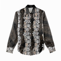 Black and Beige Hawaii Shell Lei Women Casual Shirt Hawaiian Sunrise Shell Hebrew Cone Plumeria - Polynesian Pride