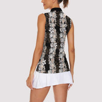 Black and Beige Hawaii Shell Lei Women Sleeveless Polo Shirt Hawaiian Sunrise Shell Hebrew Cone Plumeria LT14 - Polynesian Pride