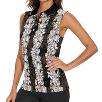 Black and Beige Hawaii Shell Lei Women Sleeveless Polo Shirt Hawaiian Sunrise Shell Hebrew Cone Plumeria LT14 - Polynesian Pride