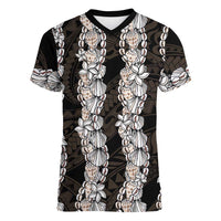 Black and Beige Hawaii Shell Lei Women V-Neck T-Shirt Hawaiian Sunrise Shell Hebrew Cone Plumeria LT14 Female Black - Polynesian Pride
