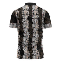 Black and Beige Hawaii Shell Lei Zipper Polo Shirt Hawaiian Sunrise Shell Hebrew Cone Plumeria - Polynesian Pride