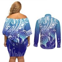Polynesia Sea Turtle Couples Matching Off Shoulder Short Dress and Long Sleeve Button Shirt Happy Valentine Day Polynesian - Dark Cyan LT14 - Polynesian Pride
