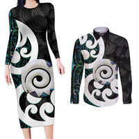 Aotearoa Koru Couples Matching Long Sleeve Bodycon Dress and Long Sleeve Button Shirt Cyan Maori Paua Shell Mix Silver Fern LT14 Black - Polynesian Pride