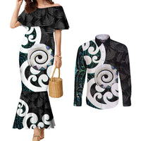 Aotearoa Koru Couples Matching Mermaid Dress and Long Sleeve Button Shirt Cyan Maori Paua Shell Mix Silver Fern LT14 Black - Polynesian Pride
