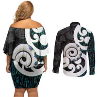 Aotearoa Koru Couples Matching Off Shoulder Short Dress and Long Sleeve Button Shirt Cyan Maori Paua Shell Mix Silver Fern LT14 - Polynesian Pride