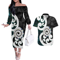 Aotearoa Koru Couples Matching Off The Shoulder Long Sleeve Dress and Hawaiian Shirt Cyan Maori Paua Shell Mix Silver Fern LT14 Black - Polynesian Pride