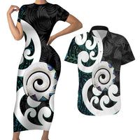 Aotearoa Koru Couples Matching Short Sleeve Bodycon Dress and Hawaiian Shirt Cyan Maori Paua Shell Mix Silver Fern LT14 Black - Polynesian Pride