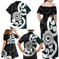 Aotearoa Koru Family Matching Off Shoulder Maxi Dress and Hawaiian Shirt Cyan Maori Paua Shell Mix Silver Fern LT14 - Polynesian Pride