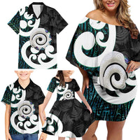Aotearoa Koru Family Matching Off Shoulder Short Dress and Hawaiian Shirt Cyan Maori Paua Shell Mix Silver Fern LT14 - Polynesian Pride