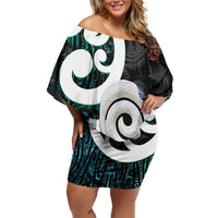 Aotearoa Koru Family Matching Off Shoulder Short Dress and Hawaiian Shirt Cyan Maori Paua Shell Mix Silver Fern LT14 Mom's Dress Black - Polynesian Pride