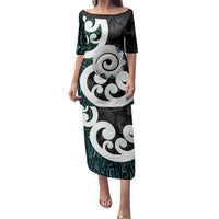Aotearoa Koru Family Matching Puletasi and Hawaiian Shirt Cyan Maori Paua Shell Mix Silver Fern LT14 Mom's Dress Black - Polynesian Pride