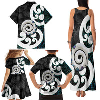 Aotearoa Koru Family Matching Tank Maxi Dress and Hawaiian Shirt Cyan Maori Paua Shell Mix Silver Fern LT14 - Polynesian Pride