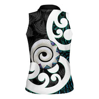 Aotearoa Koru Women Sleeveless Polo Shirt Cyan Maori Paua Shell Mix Silver Fern LT14 - Polynesian Pride