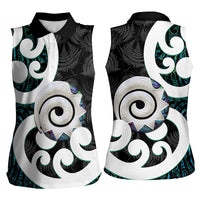 Aotearoa Koru Women Sleeveless Polo Shirt Cyan Maori Paua Shell Mix Silver Fern LT14 - Polynesian Pride