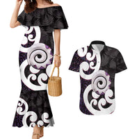 Aotearoa Koru Couples Matching Mermaid Dress and Hawaiian Shirt Purple Maori Paua Shell Mix Silver Fern LT14 Black - Polynesian Pride