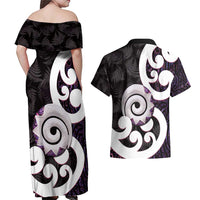 Aotearoa Koru Couples Matching Off Shoulder Maxi Dress and Hawaiian Shirt Purple Maori Paua Shell Mix Silver Fern LT14 - Polynesian Pride