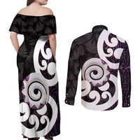 Aotearoa Koru Couples Matching Off Shoulder Maxi Dress and Long Sleeve Button Shirt Purple Maori Paua Shell Mix Silver Fern LT14 - Polynesian Pride