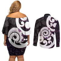 Aotearoa Koru Couples Matching Off Shoulder Short Dress and Long Sleeve Button Shirt Purple Maori Paua Shell Mix Silver Fern LT14 - Polynesian Pride