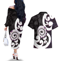 Aotearoa Koru Couples Matching Off The Shoulder Long Sleeve Dress and Hawaiian Shirt Purple Maori Paua Shell Mix Silver Fern LT14 - Polynesian Pride