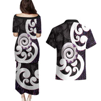 Aotearoa Koru Couples Matching Puletasi and Hawaiian Shirt Purple Maori Paua Shell Mix Silver Fern LT14 - Polynesian Pride