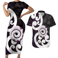 Aotearoa Koru Couples Matching Short Sleeve Bodycon Dress and Hawaiian Shirt Purple Maori Paua Shell Mix Silver Fern LT14 Black - Polynesian Pride