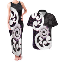 Aotearoa Koru Couples Matching Tank Maxi Dress and Hawaiian Shirt Purple Maori Paua Shell Mix Silver Fern LT14 Black - Polynesian Pride