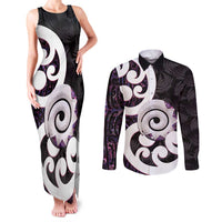 Aotearoa Koru Couples Matching Tank Maxi Dress and Long Sleeve Button Shirt Purple Maori Paua Shell Mix Silver Fern LT14 Black - Polynesian Pride