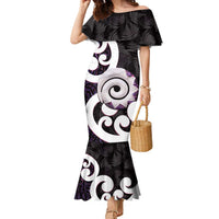 Aotearoa Koru Family Matching Mermaid Dress and Hawaiian Shirt Purple Maori Paua Shell Mix Silver Fern LT14 Mom's Dress Black - Polynesian Pride