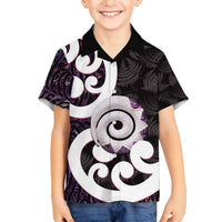 Aotearoa Koru Family Matching Off The Shoulder Long Sleeve Dress and Hawaiian Shirt Purple Maori Paua Shell Mix Silver Fern LT14 Son's Shirt Black - Polynesian Pride