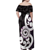 Aotearoa Koru Family Matching Off Shoulder Maxi Dress and Hawaiian Shirt Purple Maori Paua Shell Mix Silver Fern LT14 - Polynesian Pride