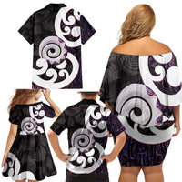 Aotearoa Koru Family Matching Off Shoulder Short Dress and Hawaiian Shirt Purple Maori Paua Shell Mix Silver Fern LT14 - Polynesian Pride